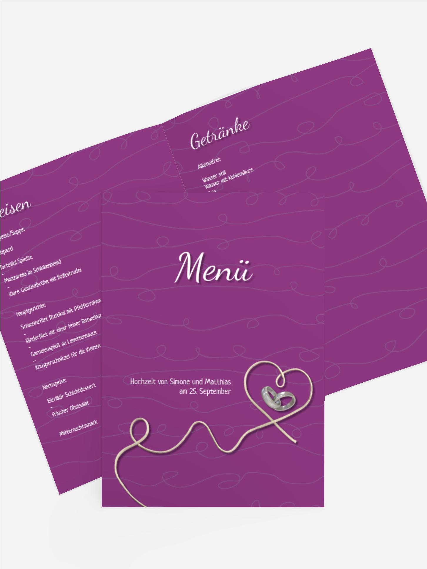 Menükarte zur Hochzeit erfüllte Liebe