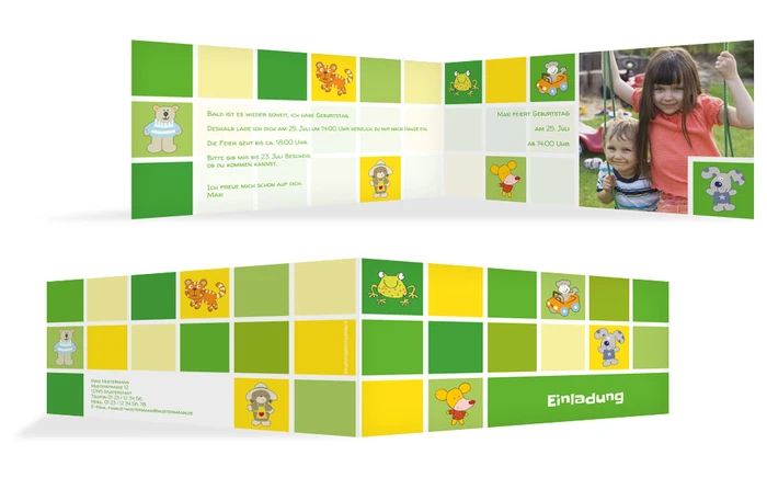 Einladungskarte Tierchen Würfel Foto