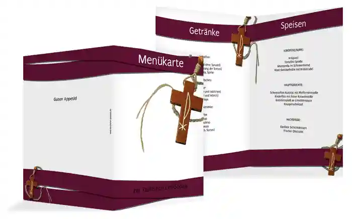 Menükarte Taufe Kreuz auf Welle