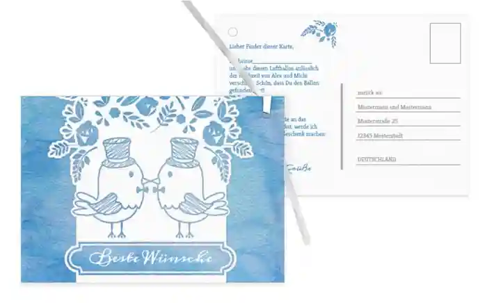 Ballonkarte zur Hochzeit Vogelpaar Zylinder