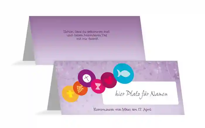 Tischkarte zur Kommunion bunte Elemente