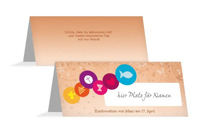 Tischkarte zur Konfirmation bunte Elemente