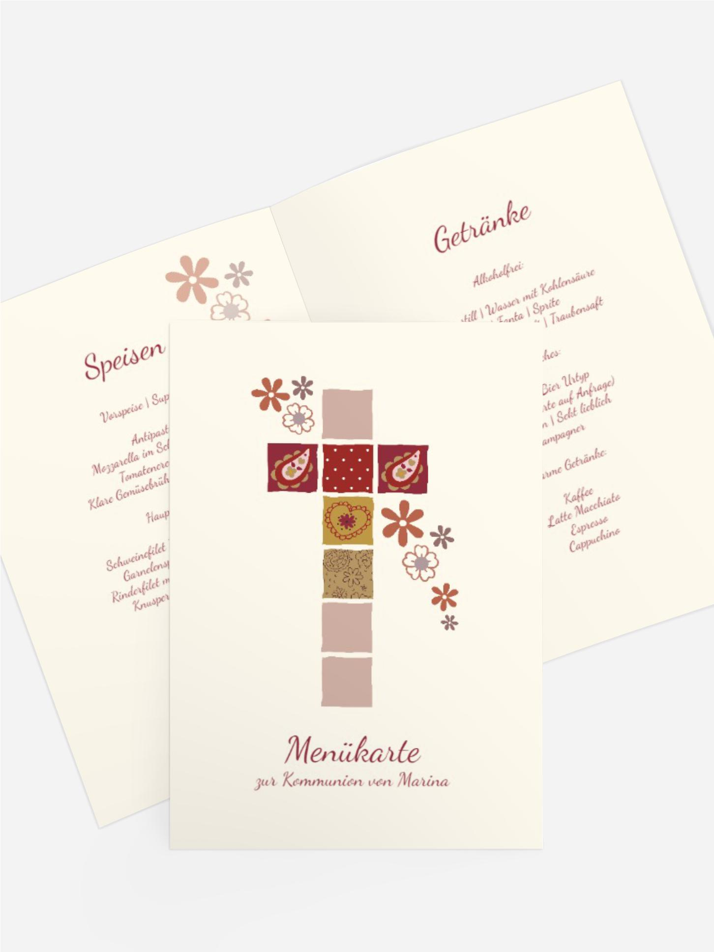 Menükarte Kommunion Florales Kreuz