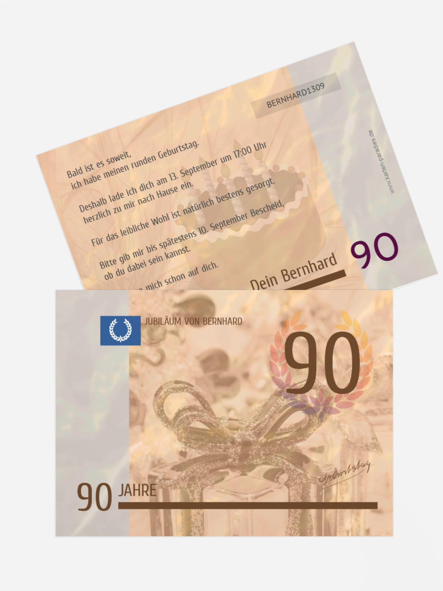 Einladungskarte zum Geburtstag Geldschein 90
