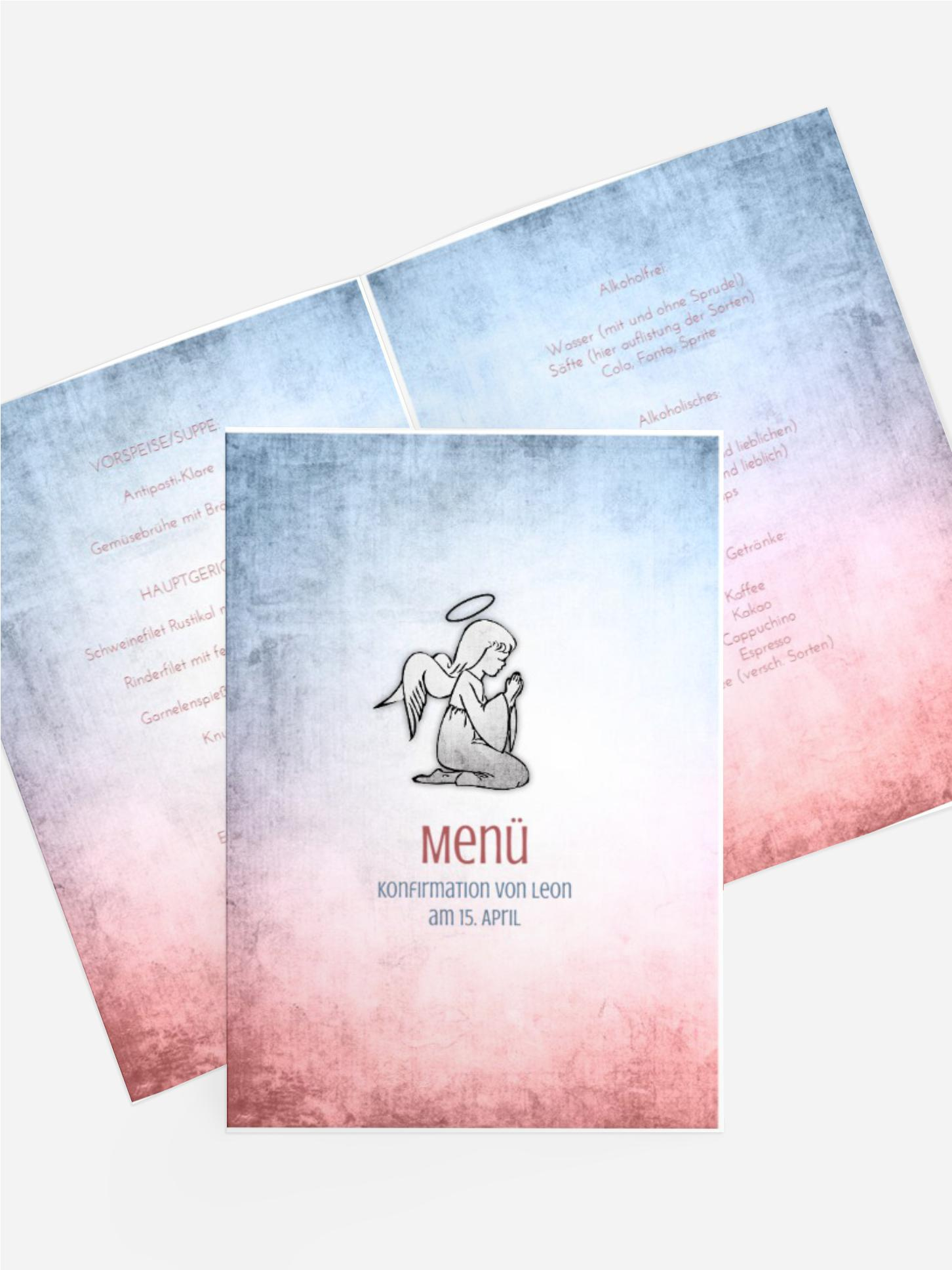 Menükarte Konfirmation grunge Engel