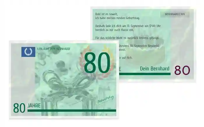 Einladungskarte zum Geburtstag Geldschein 80