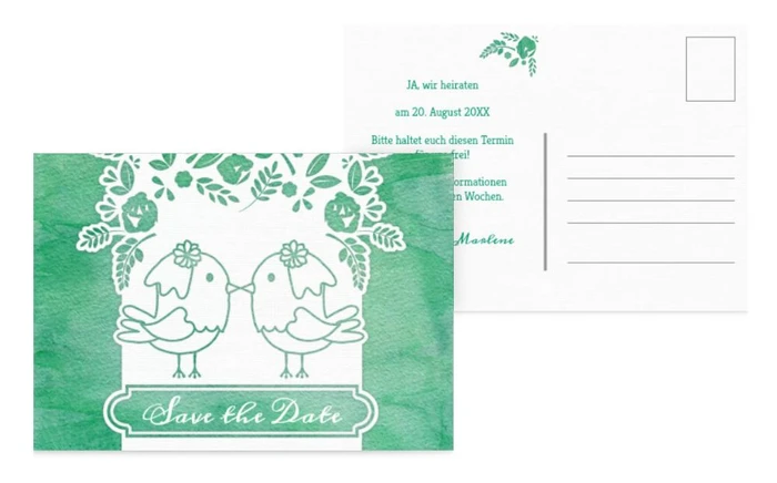 Save the Date Karte zur Hochzeit Vogelpaar Brautkleid