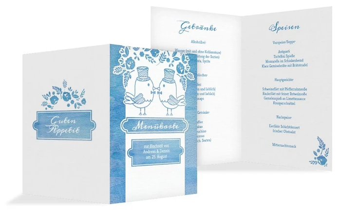Hochzeitsmenükarte Vogelpaar Zylinder