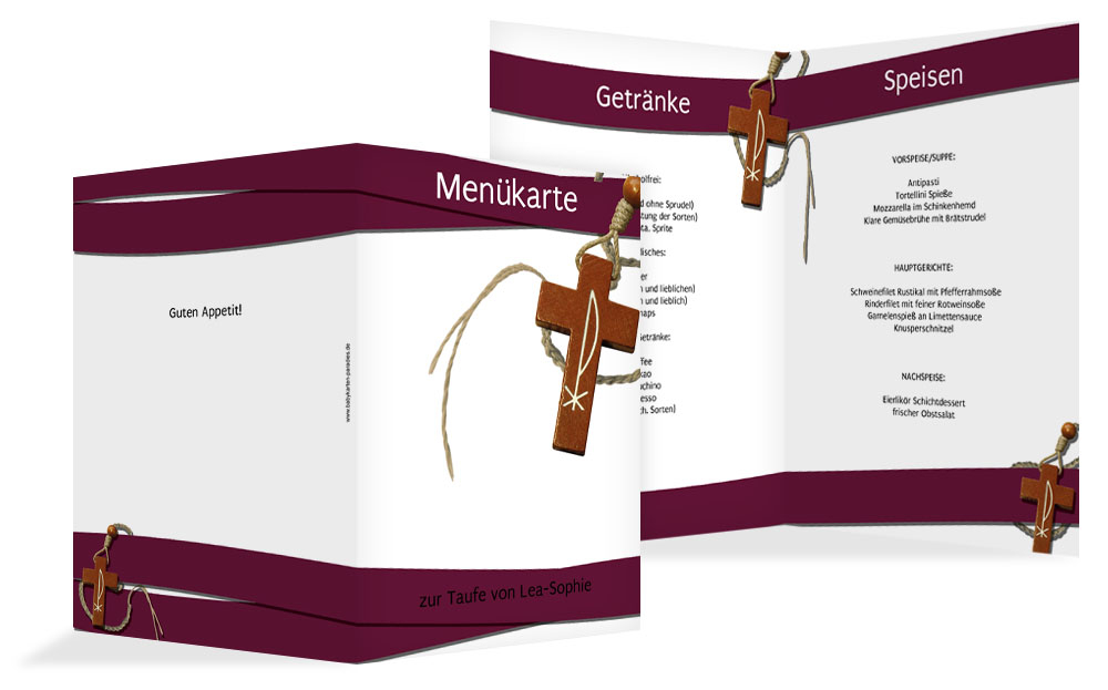 Menükarte Taufe Kreuz auf Welle Menükarte Taufe Kreuz auf Welle