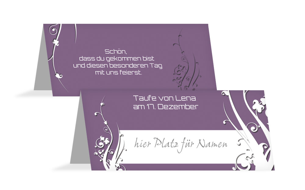 Tischkarte Taufe Florale Schnörkel