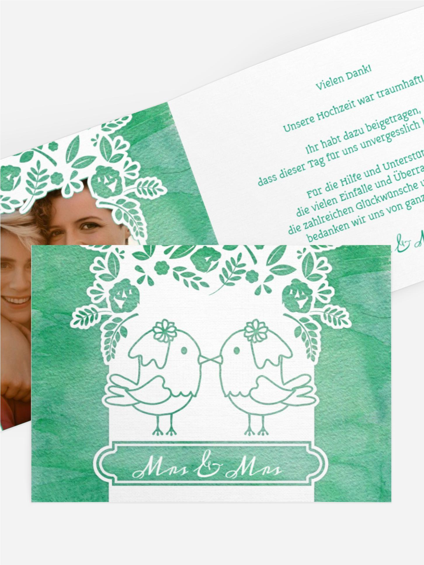 Hochzeit Danksagung Vogelpaar Brautkleid