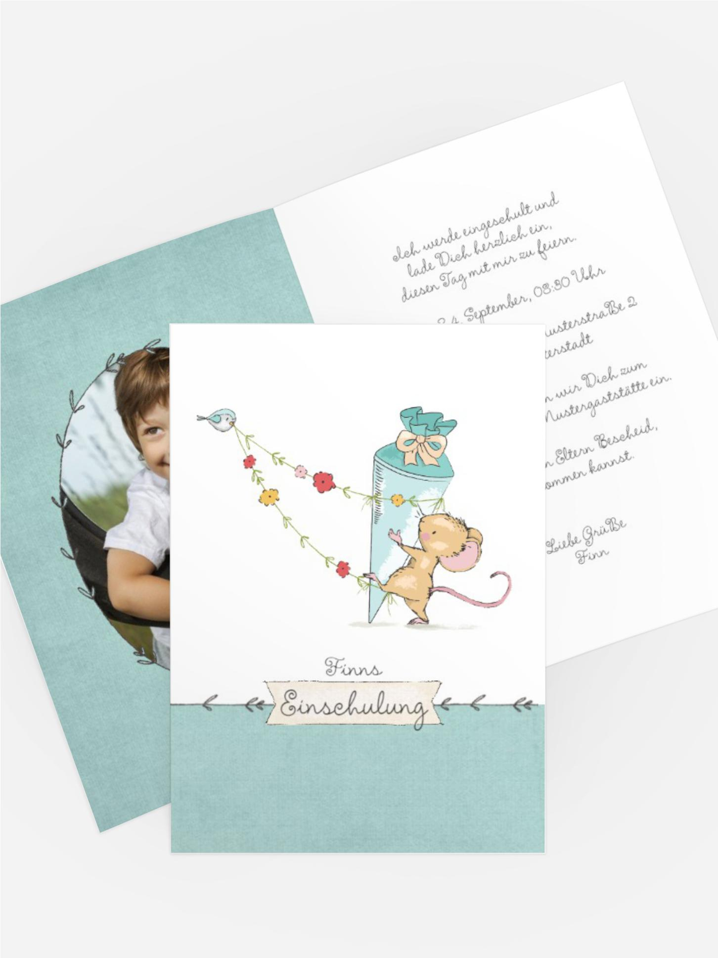 Einschulungskarte Mäuschen und Vogel