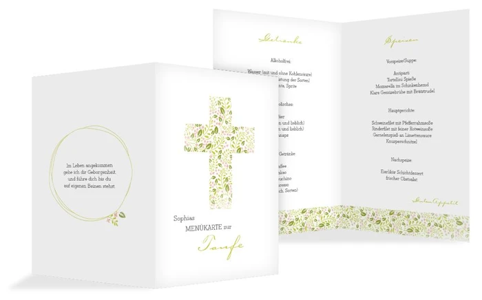 Menükarte Taufe Blumenkreuz