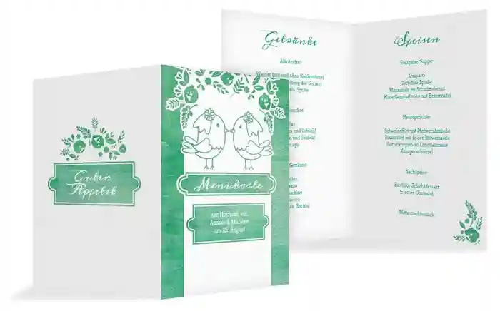 Hochzeitsmenükarte Vogelpaar Brautkleid