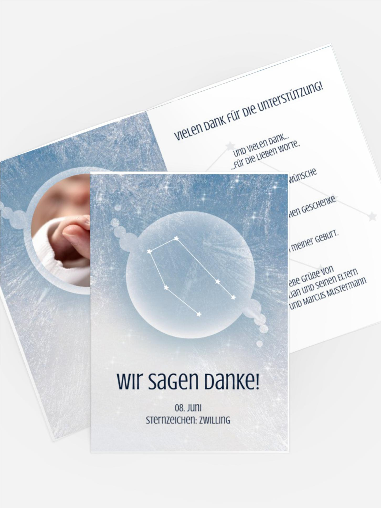 Dankeskarte zur Geburt Sternzeichen Zwilling