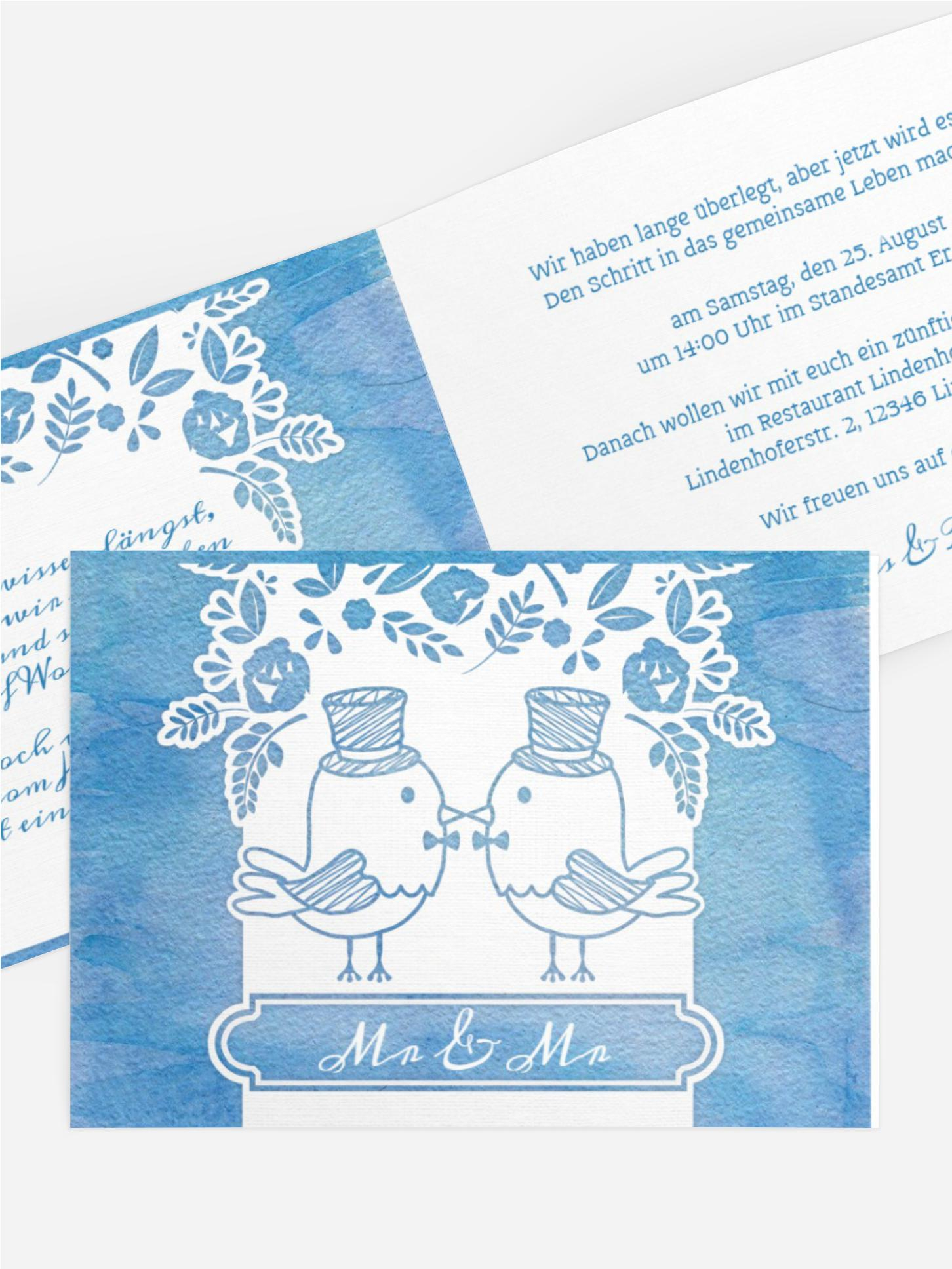 Hochzeitseinladung Vogelpaar Zylinder