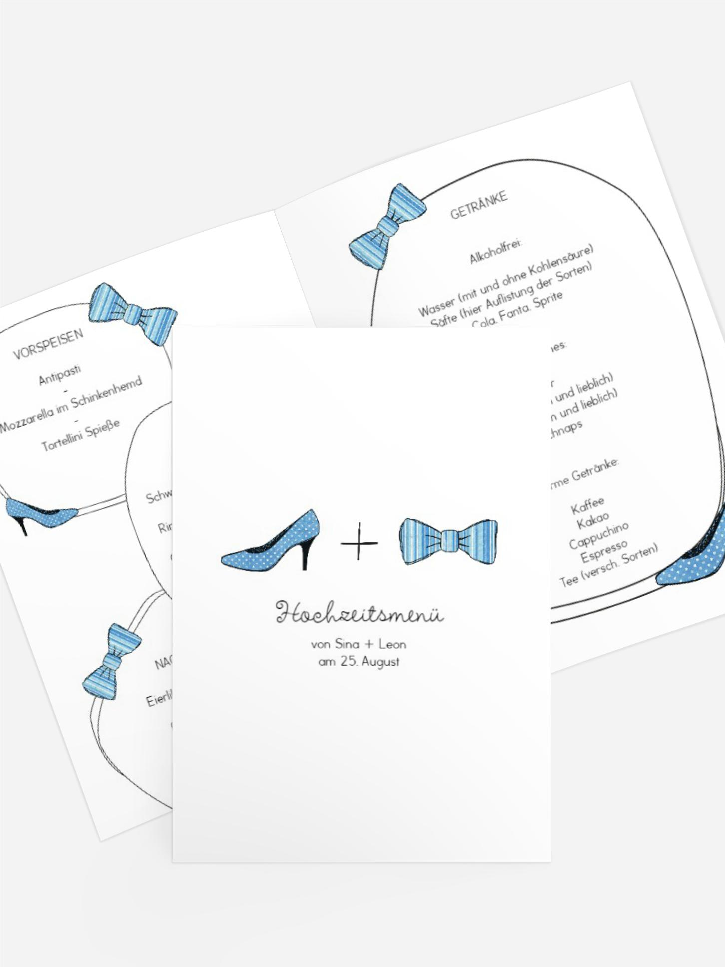 Menükarte zur Hochzeit High Heel und Fliege