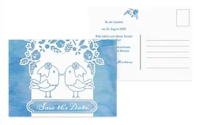Save the Date Karte zur Hochzeit Vogelpaar Brautkleid