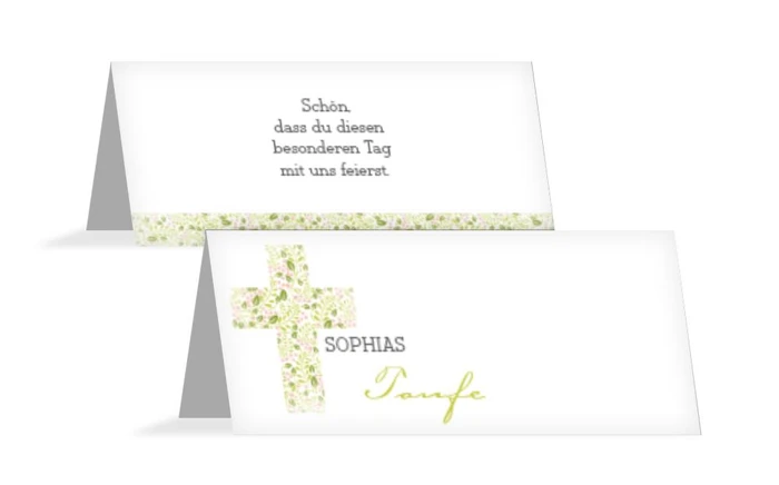 Taufe Tischkarte Blumenkreuz
