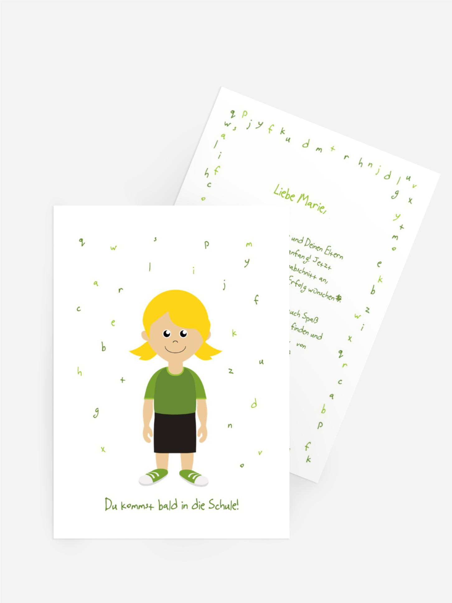 Glückwunschkarte Einschulung Mädchen grün