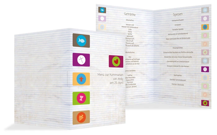 Menükarte Kommunion mit Buttons Menükarte Kommunion mit Buttons