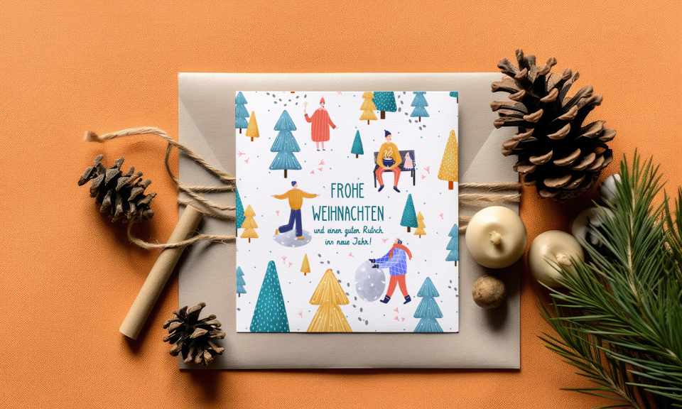 Karte zu Weihnachten mit Tannenbäumen in grün und gold