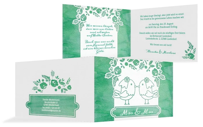 Hochzeitseinladung Vogelpaar Brautkleid