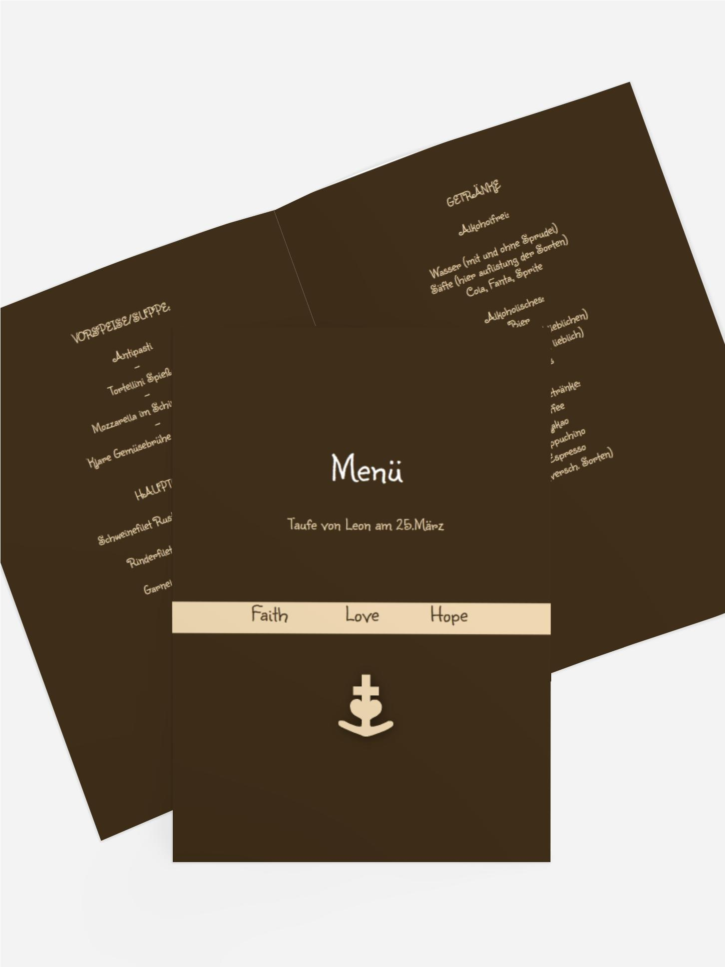 Menükarte Taufe faith love hope