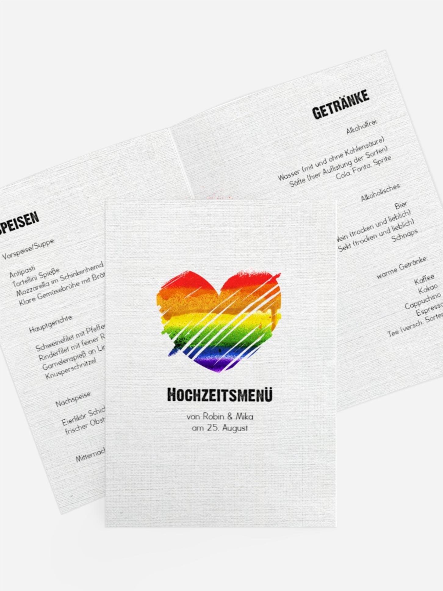 Hochzeitsmenükarte Regenbogenliebe