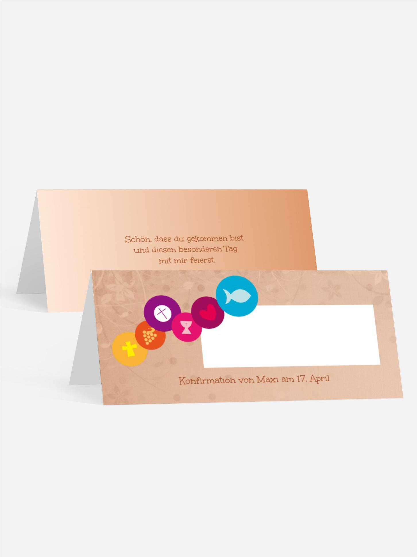Tischkarte zur Konfirmation bunte Elemente Tischkarte zur Konfirmation bunte Elemente