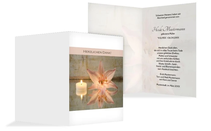 Dankeskarte Kerze und Blumen hoch