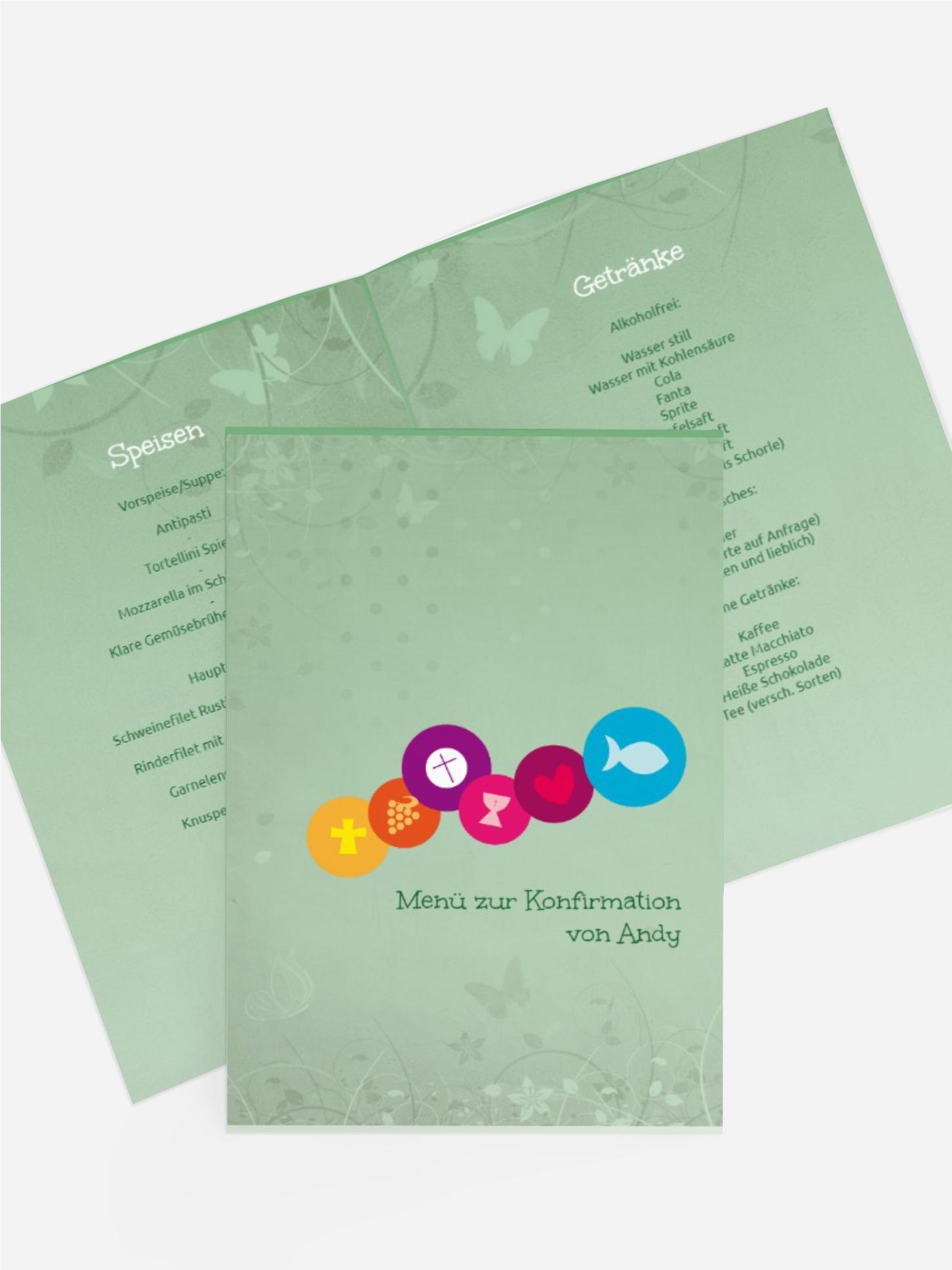 Menükarte zur Konfirmation bunte Elemente Menükarte zur Konfirmation bunte Elemente