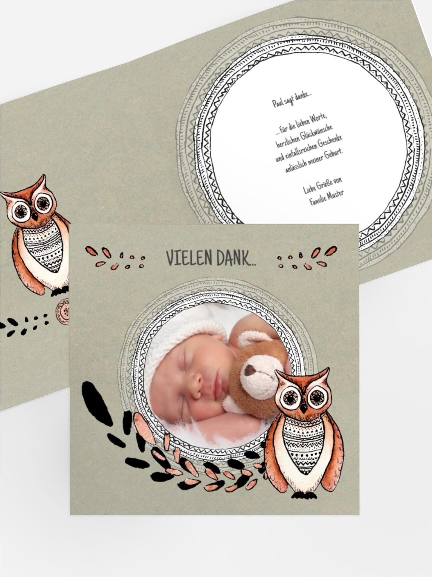 Baby Dankeskarte Vintage Eule Baby Dankeskarte Vintage Eule