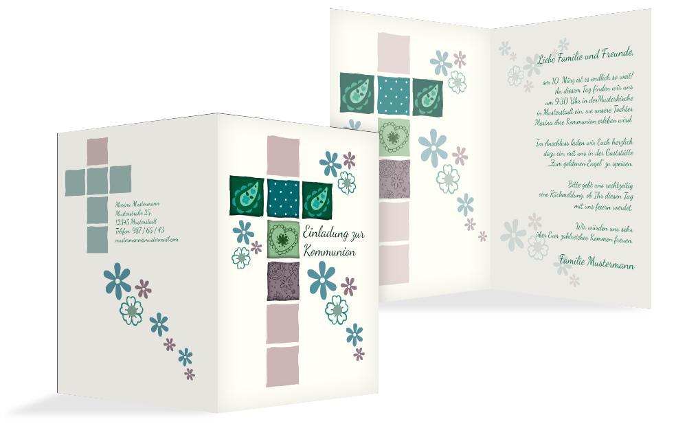 Einladung zur Kommunion Florales Kreuz