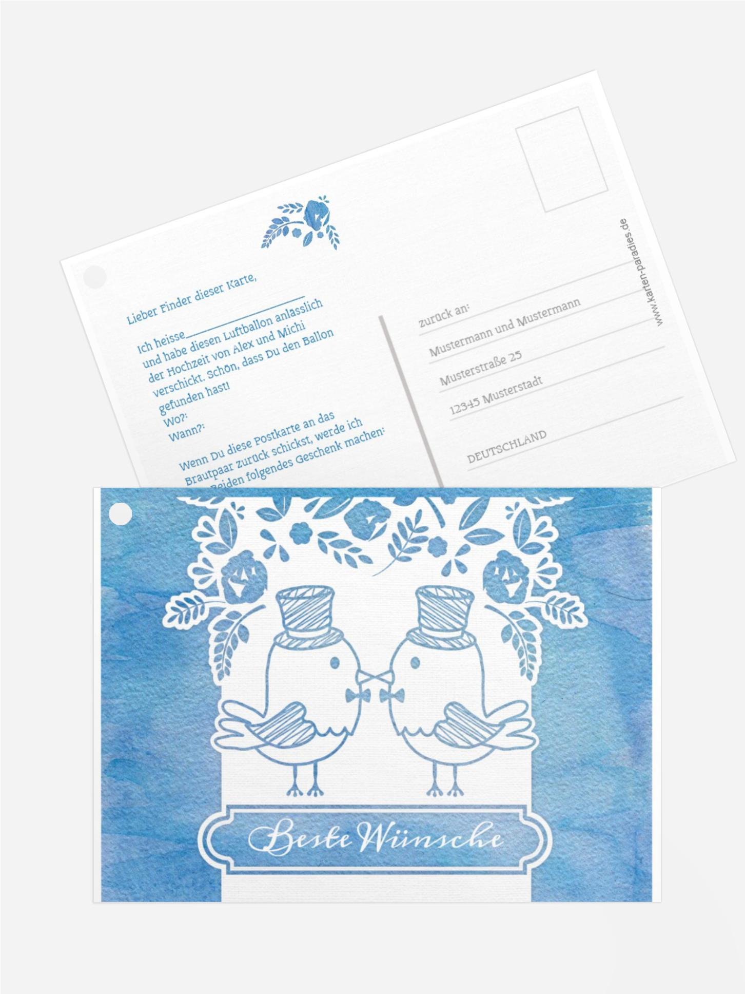 Ballonkarte zur Hochzeit Vogelpaar Zylinder