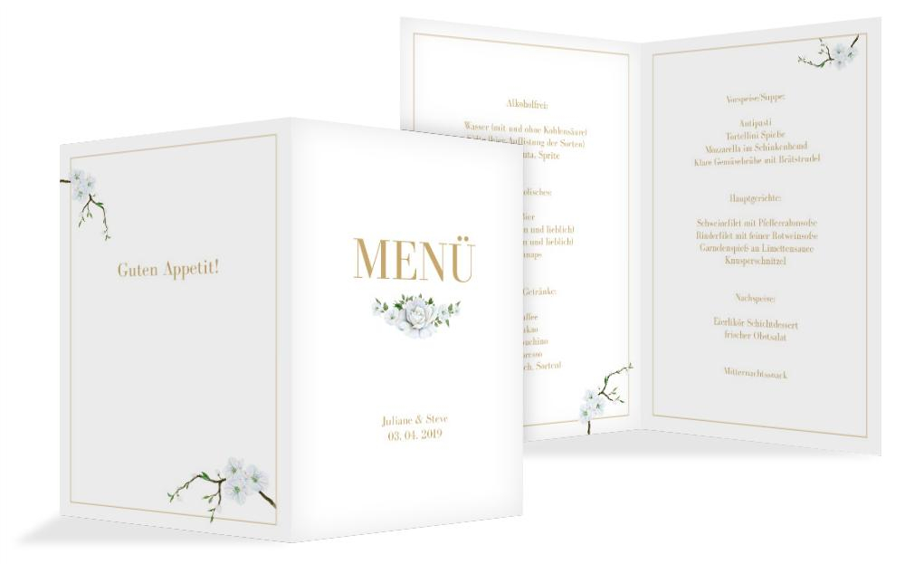 Menükarte zur Hochzeit Weiße Rose