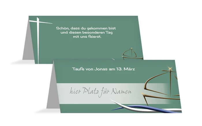 Tischkarte Taufe Schiffchen auf Wellen