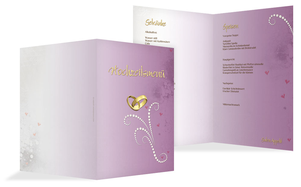 Menükarte zur Hochzeit Eheringe Perlen