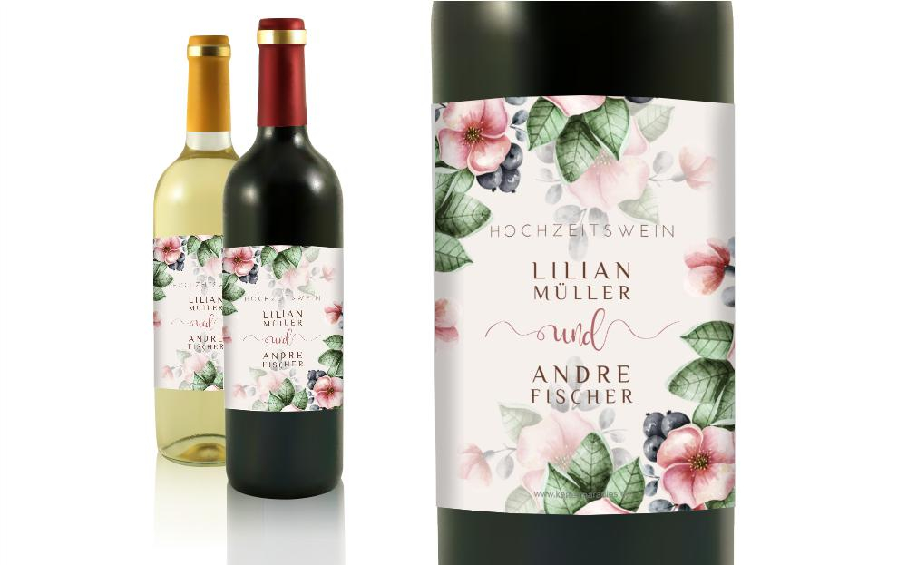 Flaschenetikett Hochzeit bunt geblümt
