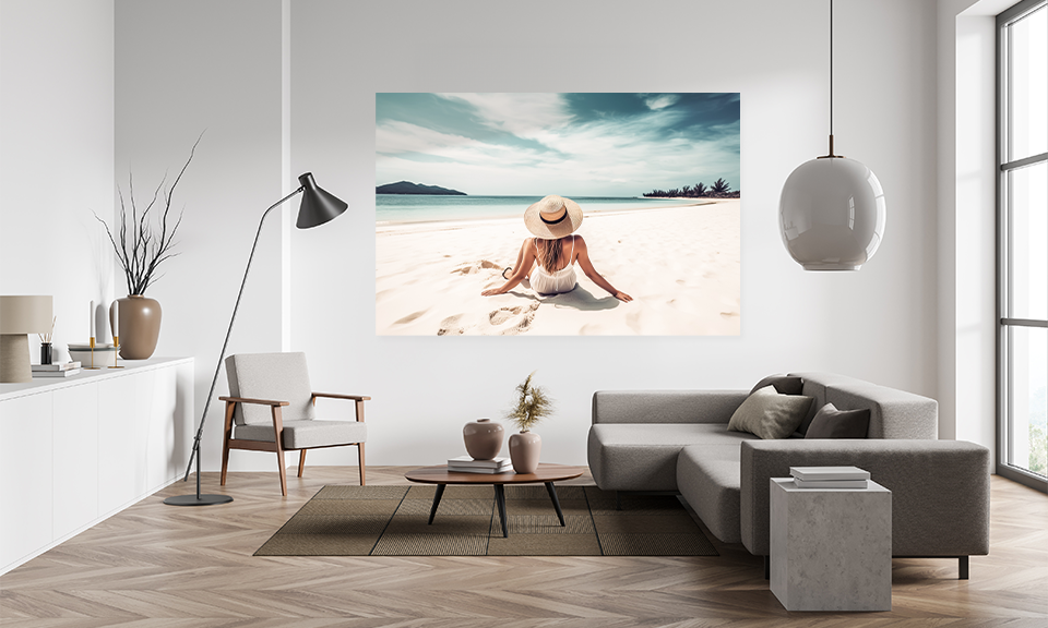 Wohnzimmer mit matter selbstklebender Folie für Wand, Motiv ist Frau von hinten, die am Strand liegt und aufs Meer blickt