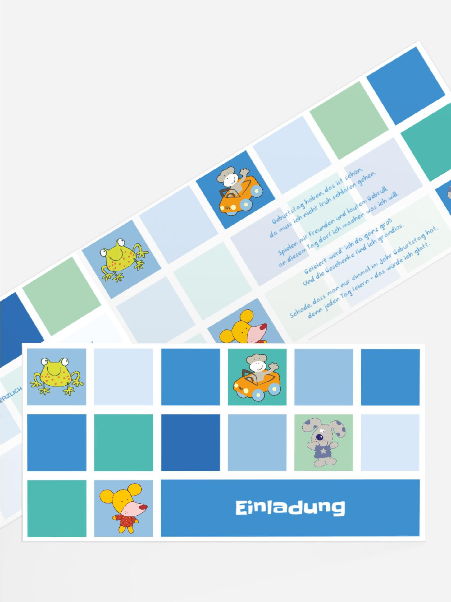 Einladungskarte Tierchen Würfel