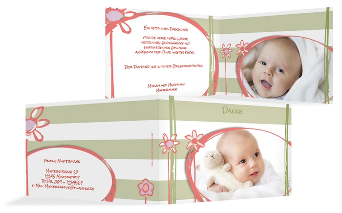 Dankeskarte Taufe Flowers and Stripes