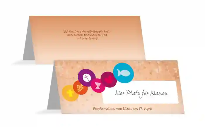 Tischkarte zur Konfirmation bunte Elemente