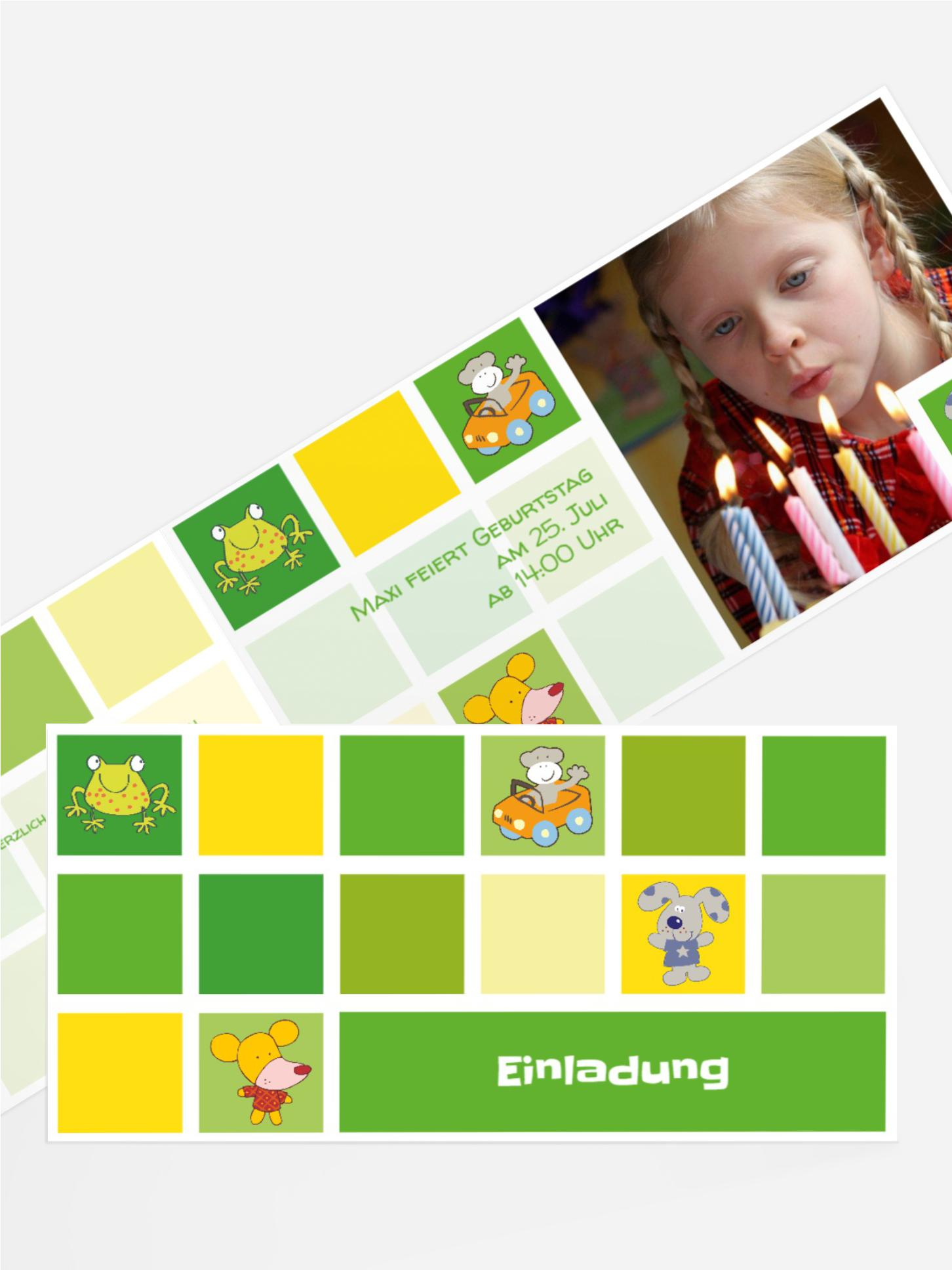 Einladungskarte Tierchen Würfel Foto