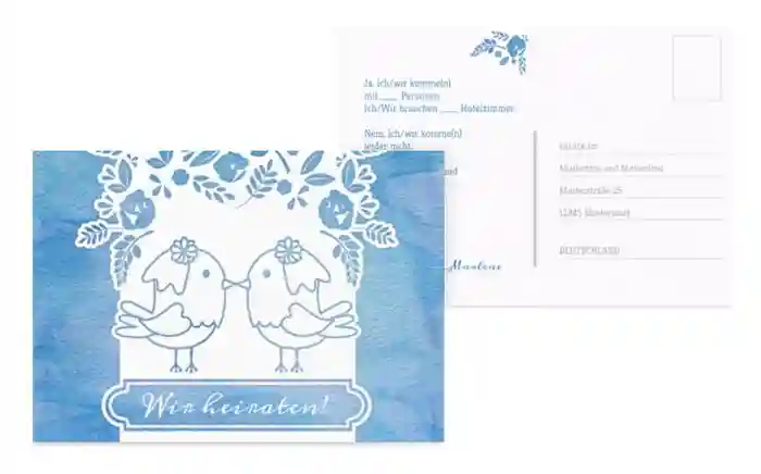 Antwortkarte zur Hochzeit Vogelpaar Brautkleid