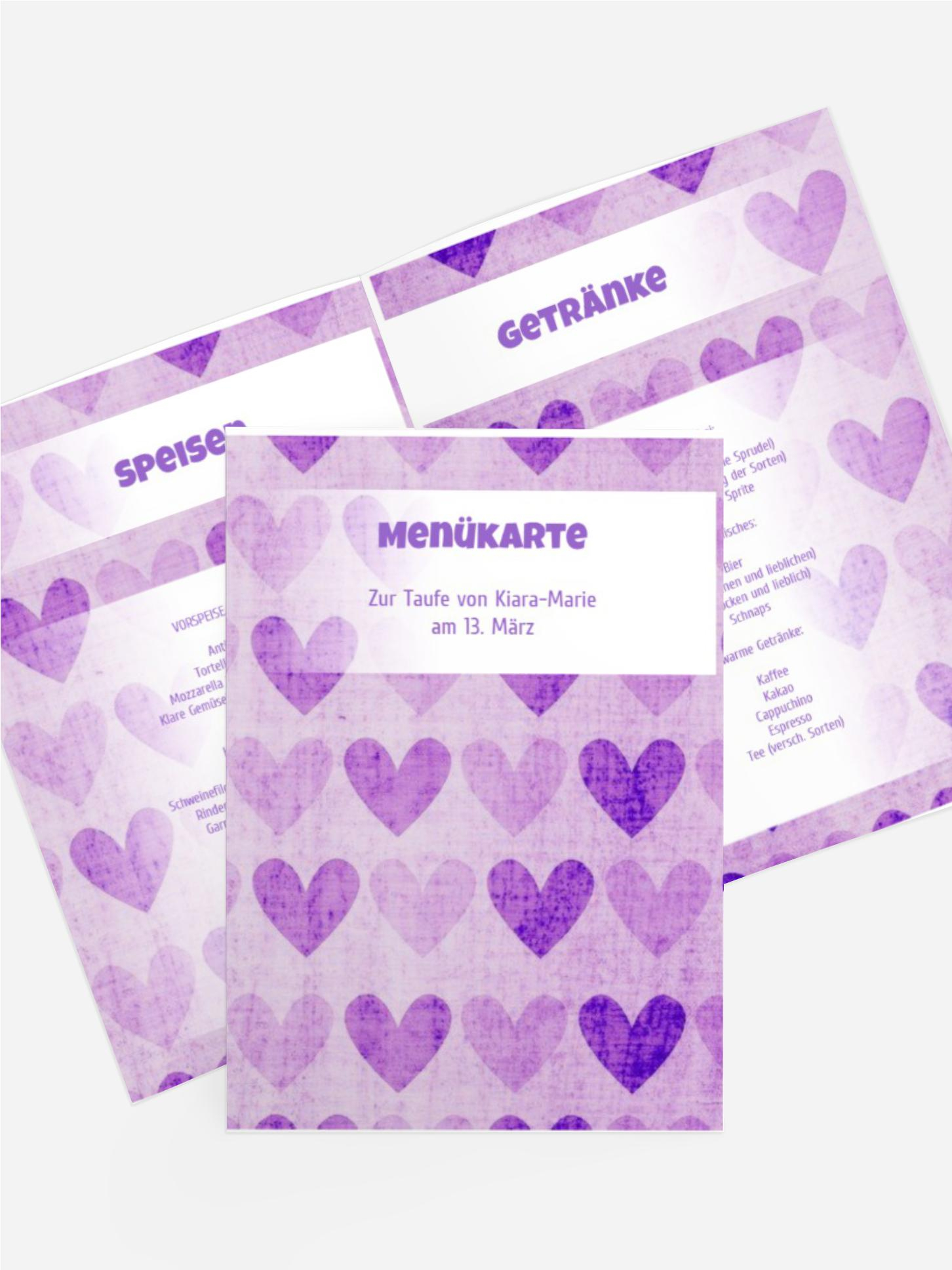 Menükarte Taufe voller Herzen