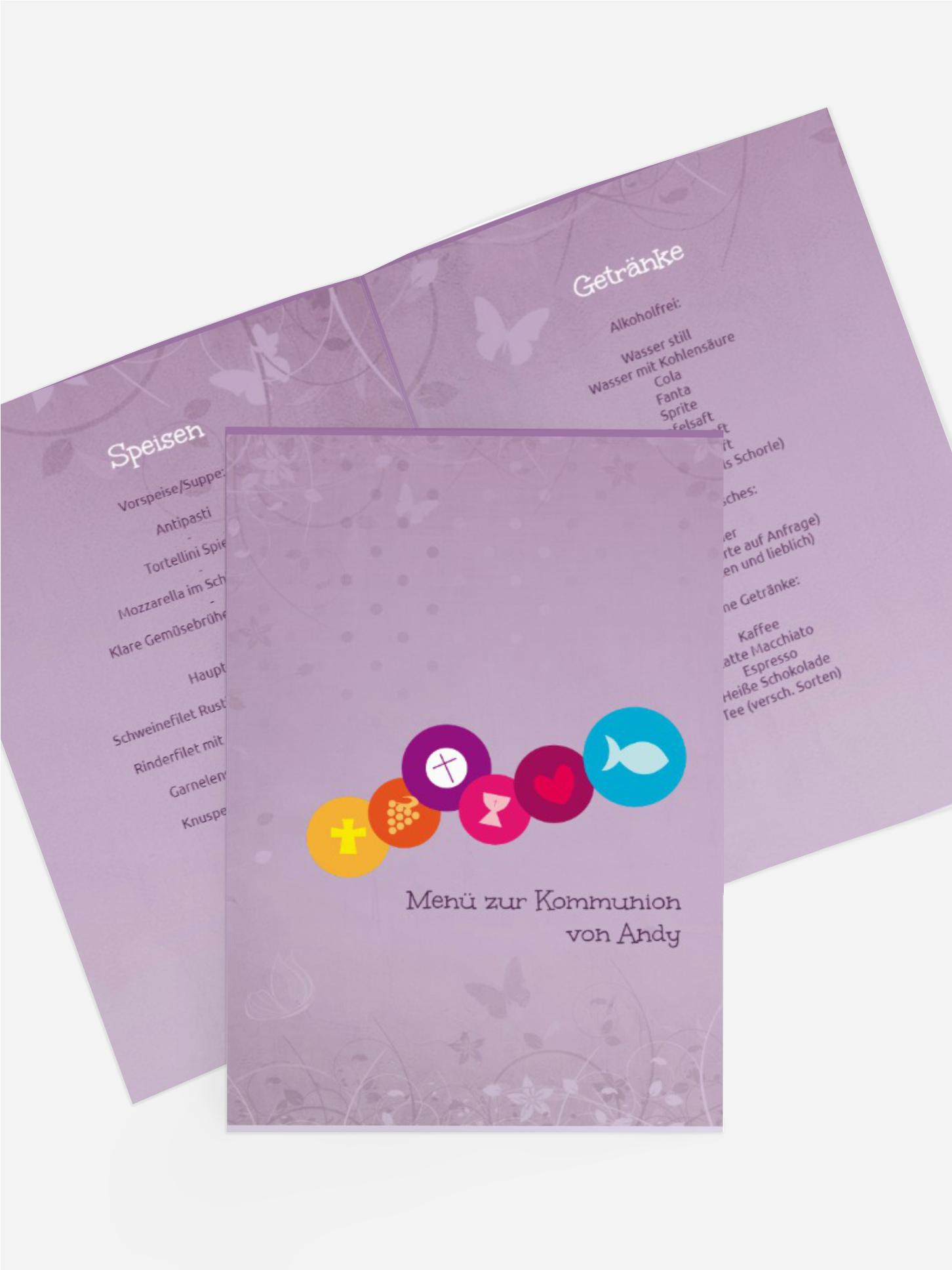 Menükarte zur Kommunion bunte Elemente