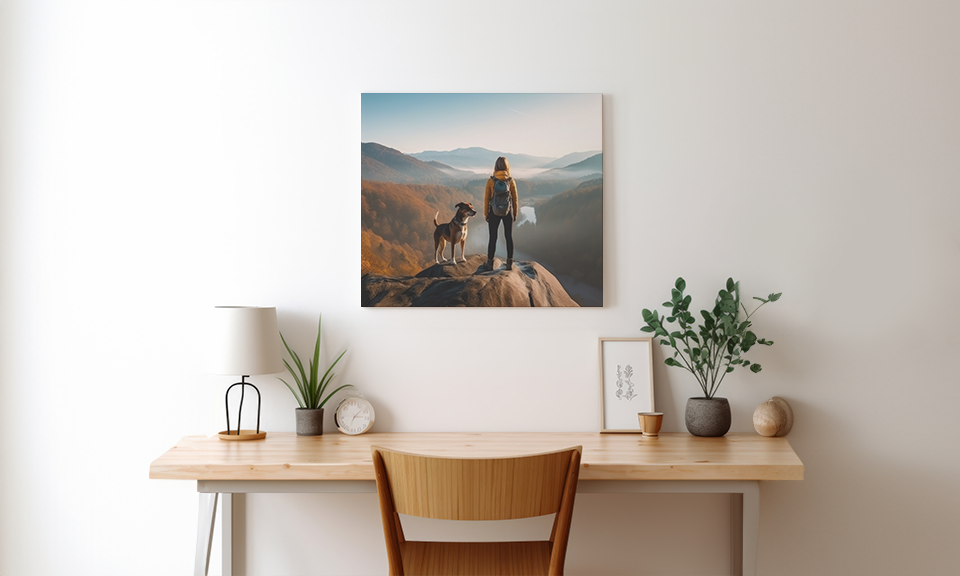 Glänzender Posterdruck als Wandbild über Schreibtisch, Motiv Frau mit Hund steht auf Berg
