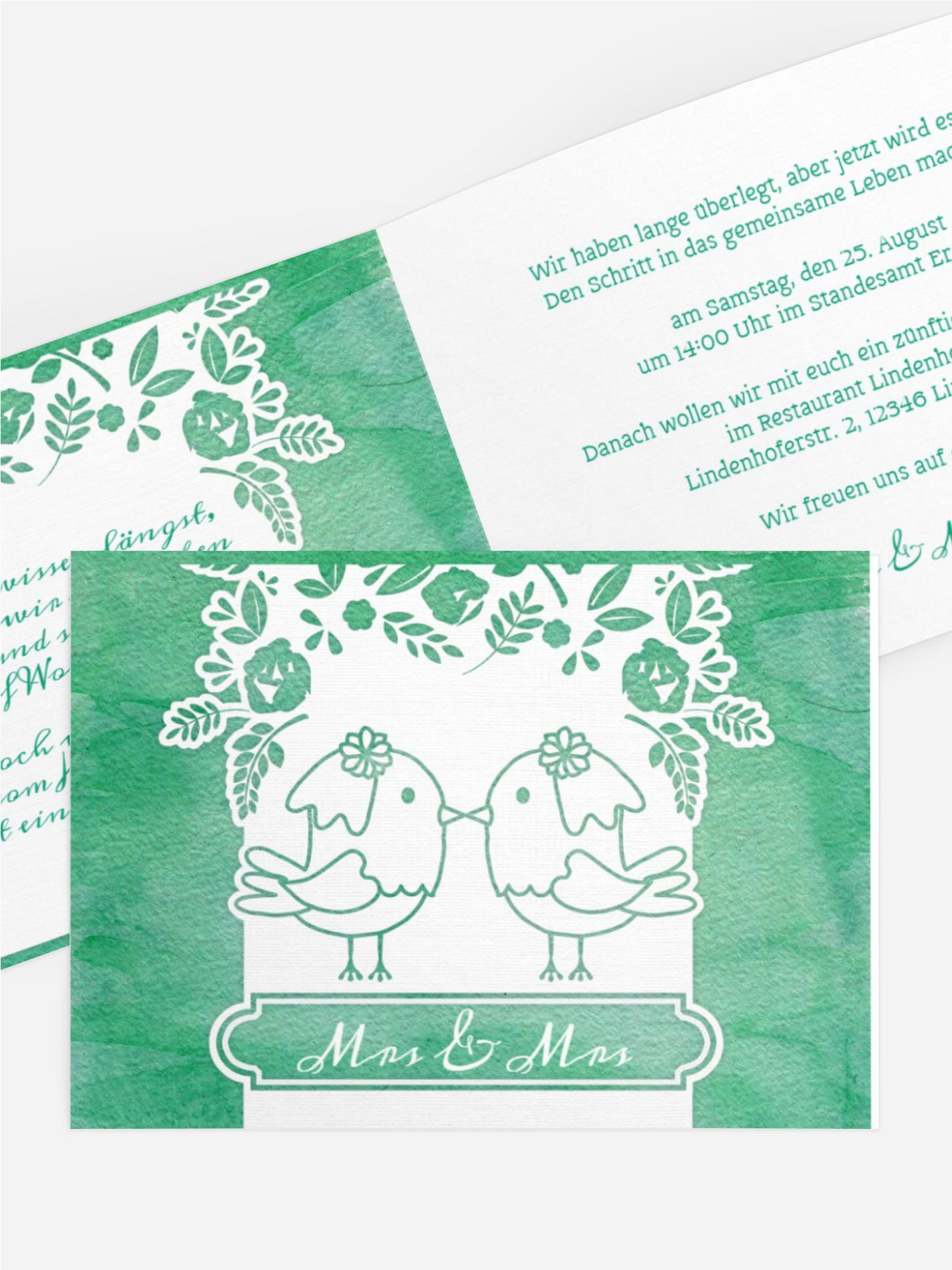 Hochzeitseinladung Vogelpaar Brautkleid