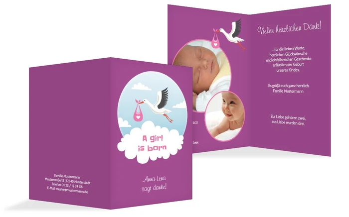Dankeskarte zur Geburt Storch Mädchen